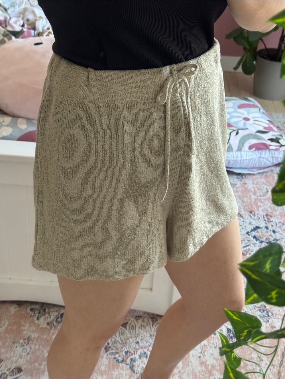 Light beige Knit Drawstring Women's Shorts